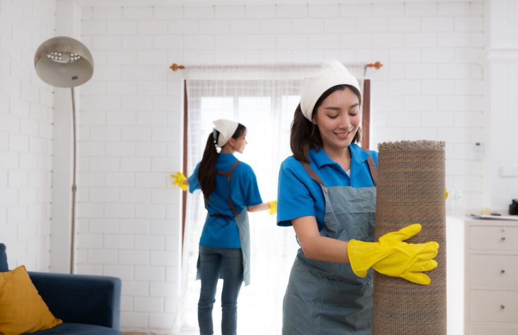 Two women in cleaning uniforms and yellow gloves work in a bright room; one is rolling up a rug while the other cleans a window, showcasing professional house cleaning Auckland services.