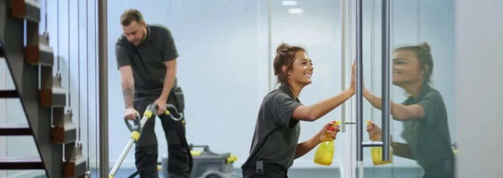 Two janitors cleaning: one is vacuuming the floor; the other is cleaning a glass wall with a spray bottle and cloth. Both are wearing dark uniforms.